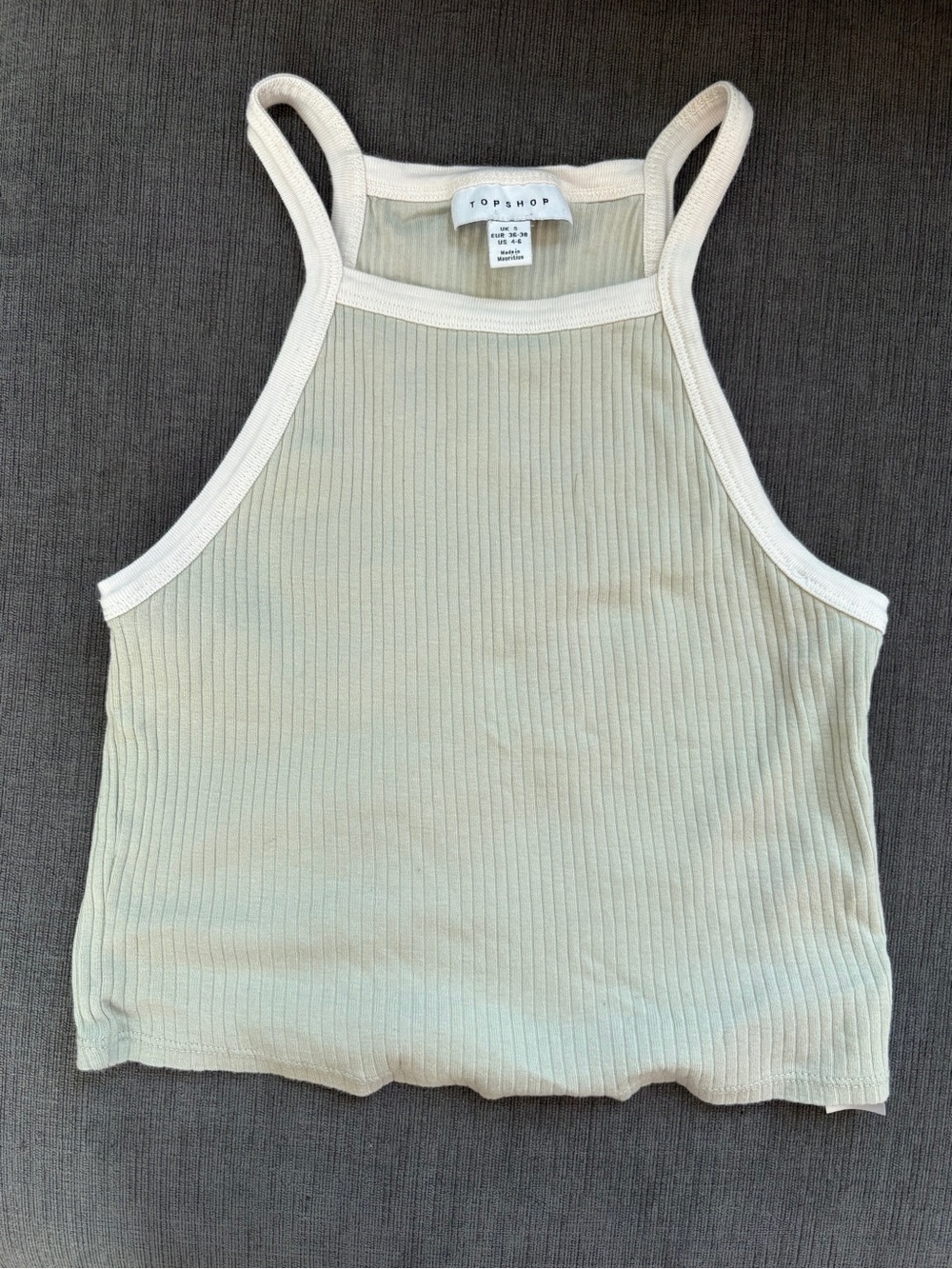 TOPSHOP Cream/Celery colored Ribbed Cropped Halter Tank, Sz 4-6